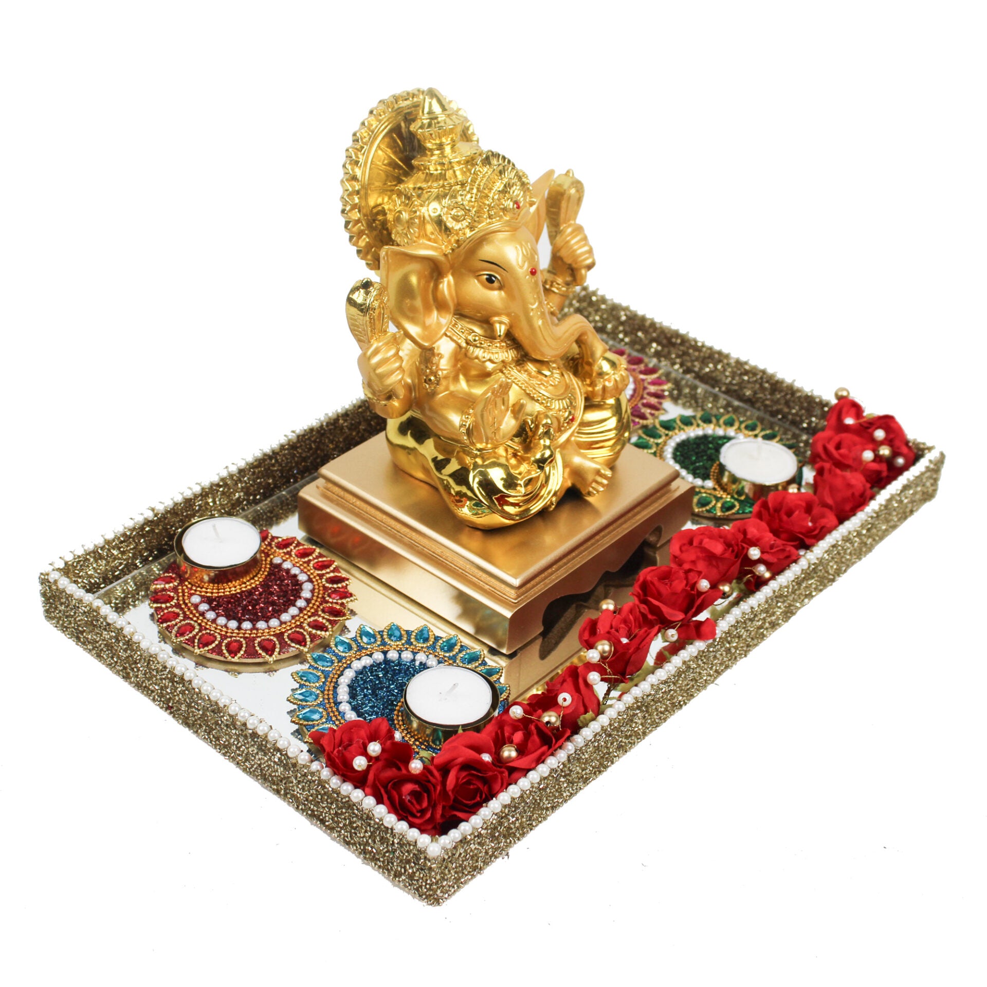 Lord Ganesha with Set of 4 Peacock Design T-lights & Flowers Hamper for Diwali Gifts